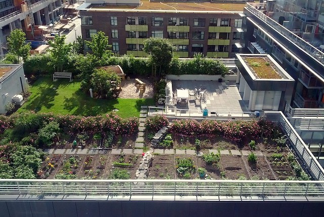 An apartment building with rooftop gardens.