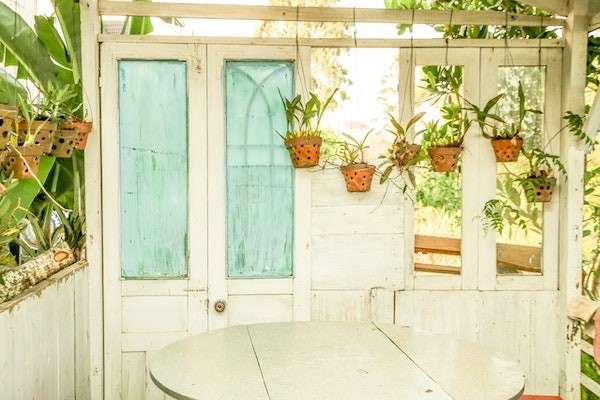 A minimalistic vertical garden in a rustic dining room.